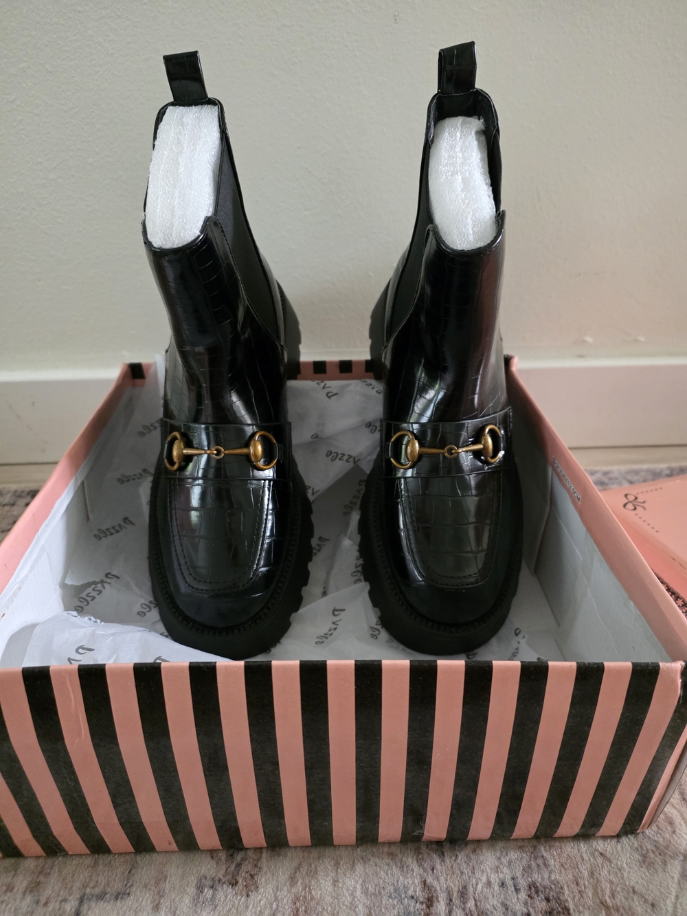Women's Black Patent Chelsea Loafers with Gold Bit Hardware - Unbranded